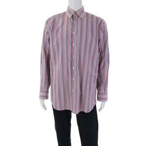 Etro Milano Mens Striped Collared Long Sleeve Button Up Shirt Pink Size 41